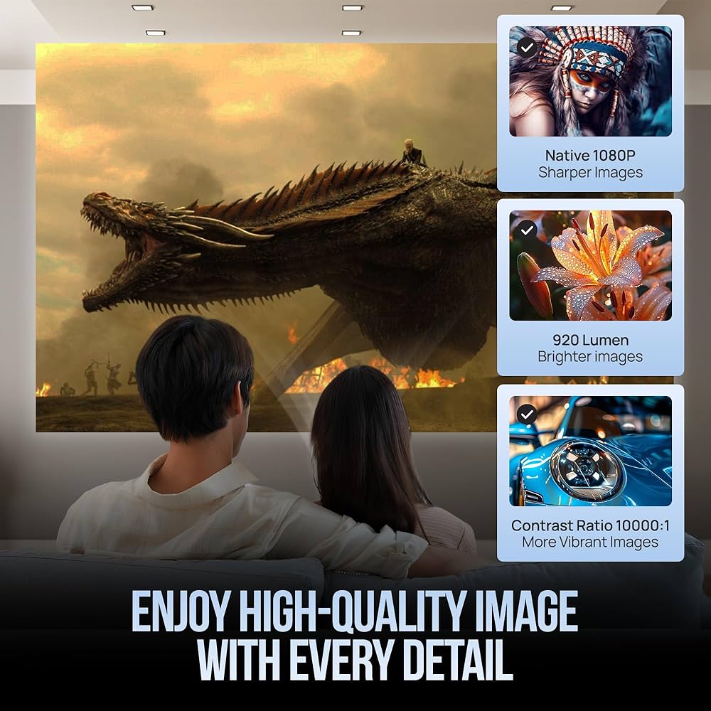 Upgraded Projector with WiFI 6 and Bluetooth Mini Portable Smart Video Theater 4K HD 1080P Outdoor Screen Movie Home TV Android Monitor PC Games 180° Rotatable Compatible for Laptop Tablet Computer