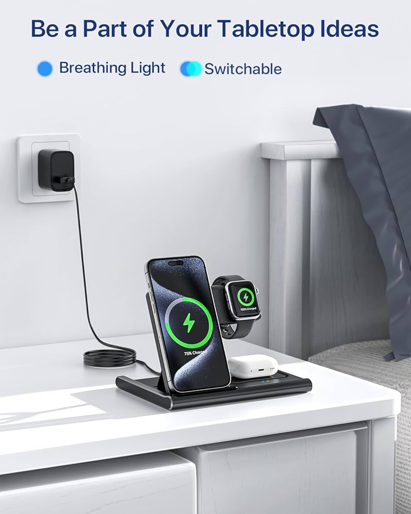 EXW Charging Station,EXW 3 in 1 Wireless Charging Station for iPhone 16/15/14/13/12/11/XR/X/8,Fast Wireless Charging Stand for Airpods Pro/3/2 and Apple Watch（No Adapter Included)