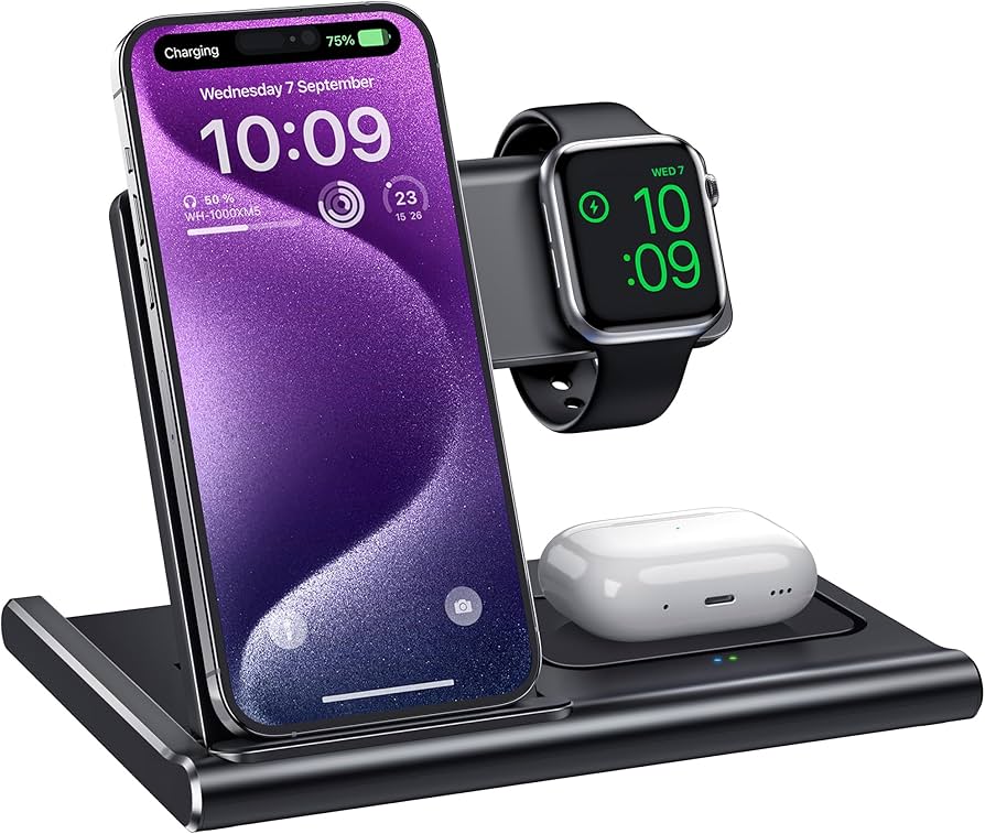 EXW Charging Station,EXW 3 in 1 Wireless Charging Station for iPhone 16/15/14/13/12/11/XR/X/8,Fast Wireless Charging Stand for Airpods Pro/3/2 and Apple Watch（No Adapter Included)