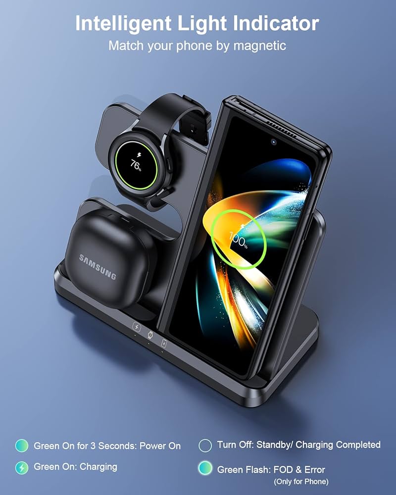 ZUBARR Wireless Charging Station for Samsung and Android Multiple Devices 3 in 1 Fast Charger Dock Stand for Phone Galaxy Z Flip 4/3 Z Fold S23 S22 S20 Ultra, Galaxy Watch 5/4/3, Buds