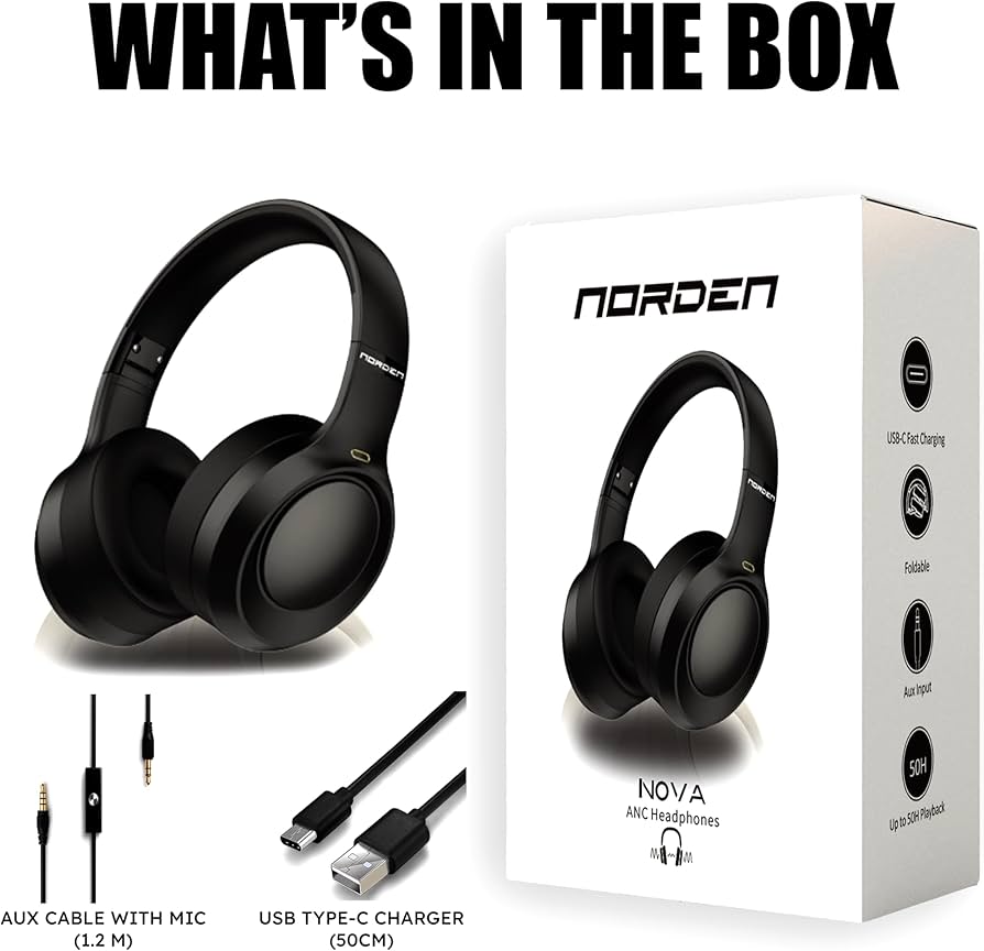 Norden Nova Noise Cancelling Over-Ear Bluetooth Headphones 400mAh – ANC 28dB with USB-C Fast Charge – Foldable with AUX Mic – Black