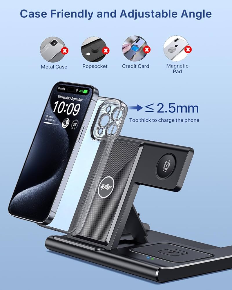 EXW Charging Station,EXW 3 in 1 Wireless Charging Station for iPhone 16/15/14/13/12/11/XR/X/8,Fast Wireless Charging Stand for Airpods Pro/3/2 and Apple Watch（No Adapter Included)