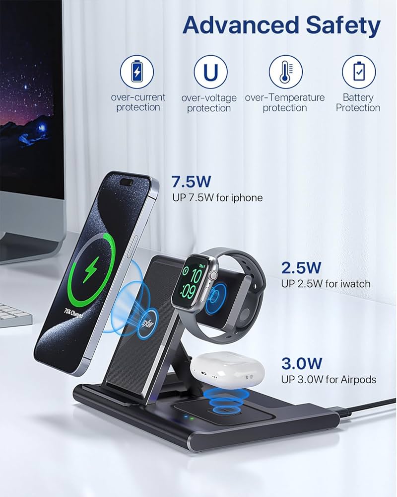 EXW Charging Station,EXW 3 in 1 Wireless Charging Station for iPhone 16/15/14/13/12/11/XR/X/8,Fast Wireless Charging Stand for Airpods Pro/3/2 and Apple Watch（No Adapter Included)