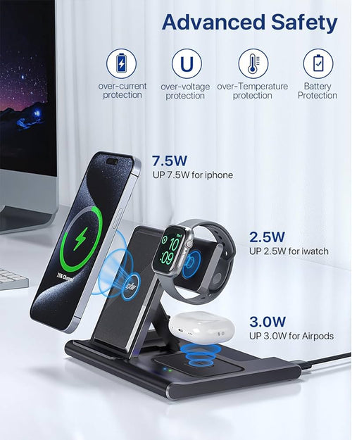 EXW Charging Station,EXW 3 in 1 Wireless Charging Station for iPhone 16/15/14/13/12/11/XR/X/8,Fast Wireless Charging Stand for Airpods Pro/3/2 and Apple Watch（No Adapter Included)